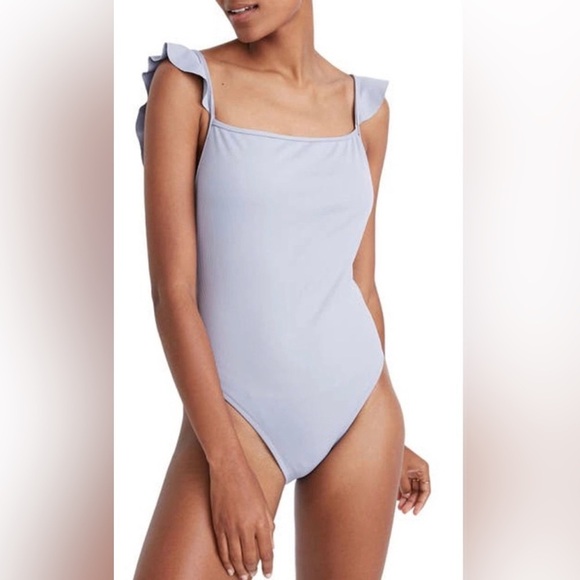 Madewell Second Wave Ribbed Ruffle-Strap One-Piece Swimsuit Periwinkle , size S - Picture 1 of 7